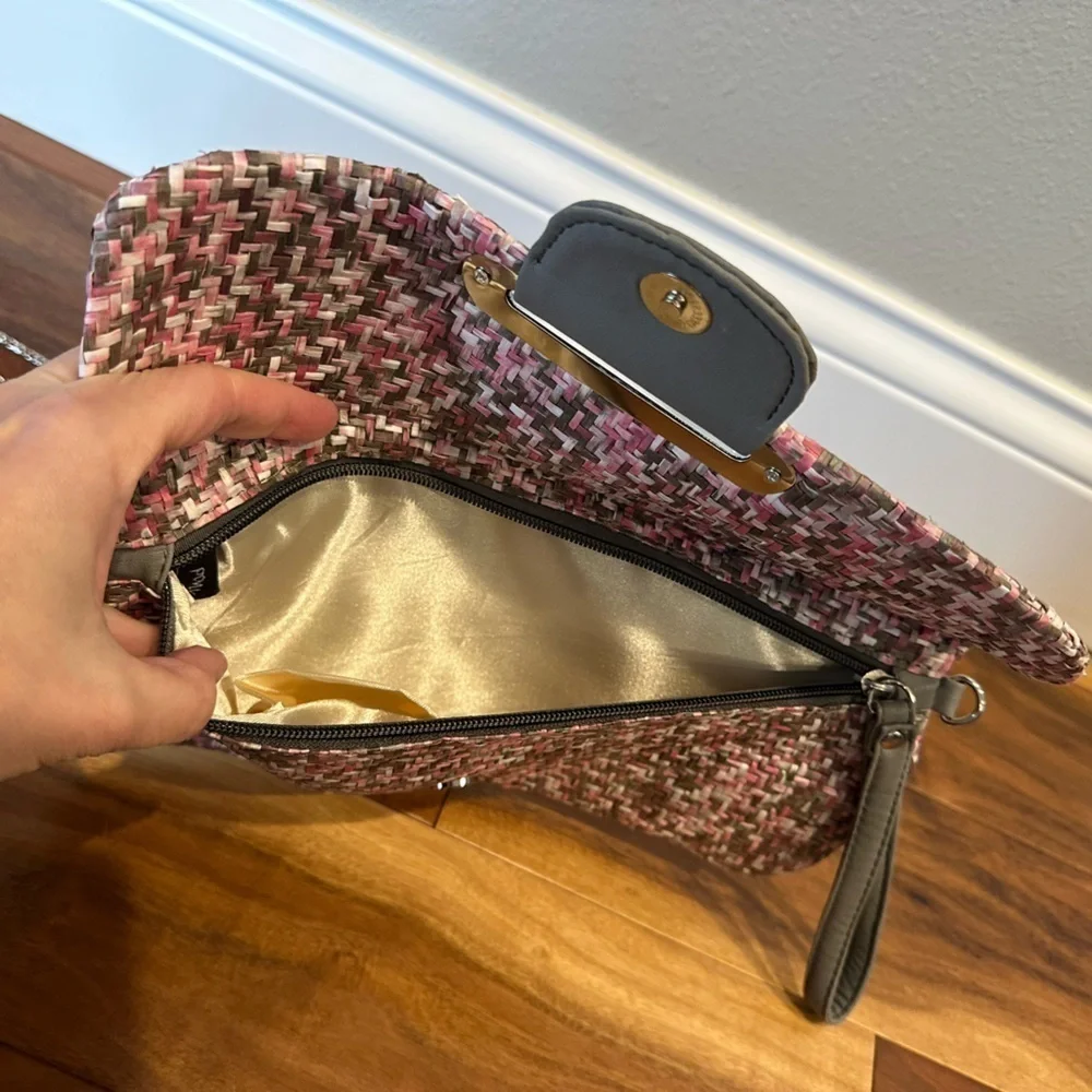 Pink and Grey Straw Clutch Purse with Crossbody Chain